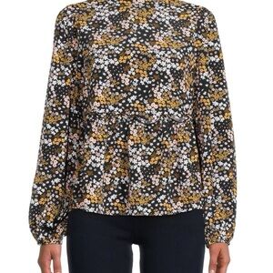 Sanctuary Loveless Floral Blouse Black White Gold Peplum Womens Size Small